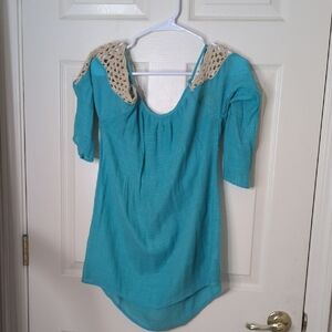 Umgee Turquoise Blouse with Crochet Cold Shoulder Lomg Sleeves